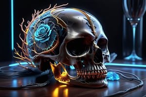 hyper realistic image of a skull made of glass, glass shiny, full color, light neon crystal, beautiful bright atmosphere with neon lines, blue blood vessels, .SLB.,Gold Edged Black Rose,DonMCyb3rN3cr0XL