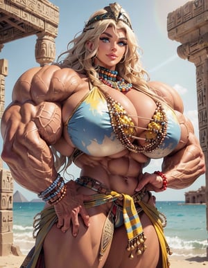 ((1girl, desert ruins, bodybuilding pose)), ((ultra massive gigantic muscular muscle woman)), pumped massively muscular swollen muscle mass, hugely oversized, enormous, masculine muscle, man, ((large round eyes, bigger blue eyes, longest eyelashes)), (ultra massive Big lips, bigger lips, big smirk), ((ultra massive gigantic trapezius, beaded Egyptian collar)), ((massive high volume hair, layers of wild outlandish platinum blonde hair growth, wavy blowout, wild wavy, jewelled bronze headdress, extra volume)),((intricate Sand yellow bikini, sarong, wrist wraps, bronze highlights)), ((massively muscular thick neck, very tall neck)), Gigantic biceps, (massively bigger trapezius), massively bigger Gigantic muscles, ((Ultra Massive muscular arms)), massively bigger biceps, brutalmass,b1mb0,viking