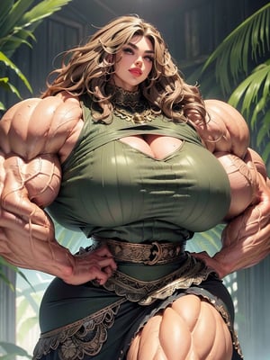 ((overgrown ruins, flexing)), ((ultra massive gigantic muscular muscle woman)), pumped massively muscular swollen muscle mass, hugely oversized, enormous, ((large round eyes, bigger eyes, longest eyelashes)), decorative flowers, (ultra massive Big lips, bigger lips, big smirk), ((ultra massive gigantic trapezius)), ((massive high volume hair, layers of wild outlandish hair growth, wavy blowout, outlandish wavy hair extensions, extra volume)), ((intricate fantasy top and skirt, bronze highlights)), ((massively muscular thick neck, very tall neck)), Gigantic biceps, (massively bigger trapezius), massively bigger Gigantic muscles, ((Ultra Massive muscular arms)), massively bigger biceps, brutalmass,b1mb0,viking
