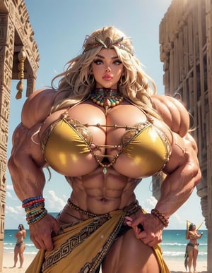 ((1girl, desert ruins, bodybuilding pose)), ((ultra massive gigantic muscular muscle woman)), pumped massively muscular swollen muscle mass, hugely oversized, enormous, masculine muscle, man, ((large round eyes, bigger golden eyes, longest eyelashes)), (ultra massive Big lips, bigger lips, big smirk), ((ultra massive gigantic trapezius, beaded Egyptian collar)), ((massive high volume hair, layers of wild outlandish platinum blonde hair growth, wavy blowout, wild wavy, jewelled bronze headdress, extra volume)),((intricate Sand yellow bikini, sarong, wrist wraps, bronze highlights)), ((massively muscular thick neck, very tall neck)), Gigantic biceps, (massively bigger trapezius), massively bigger Gigantic muscles, ((Ultra Massive muscular arms)), massively bigger biceps, brutalmass,b1mb0,viking