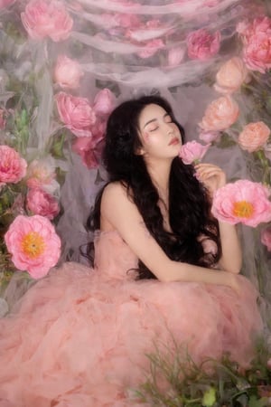 1girl, solo, long hair, black hair,pink dress, sitting, closed eyes, flower, surreal