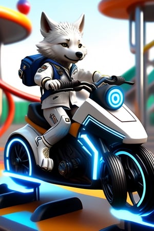 fierce, blue, cyberpunk white Wolf wearing school uniform racing on the playground,
photorealism, personification,chibi, 3D,3d background, full body, best quality, 8k, 
more detail XL,