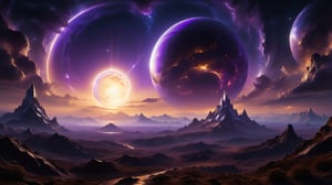 A massive, purple yet sinister planet looming ominously in the foreground, its surface dominated by twisted, jagged mountain ranges that seem to writhe and undulate like a living entity. Dark, foreboding clouds encircle the planet, obscuring any signs of life or light. The air is thick with an eerie purple haze that casts everything in a dim, unsettling glow. In the background, a menacing purple sun hangs low in the sky, its light barely penetrating the thick atmosphere. The planet's surface appears to be covered in a layer of fine, iridescent dust that shifts and dances in the unseen winds, giving the entire scene a surreal, otherworldly quality. The image is framed by a strange, metallic looking frame, cold and unyielding, adding to the sense of foreboding and malevolence that permeates the entire scene., (Oil painting) (by Jean-François Millet), (by Gustave Courbet) , (by Jules Breton), close up, dark fantasy, ,Renaissance Sci-Fi Fantasy