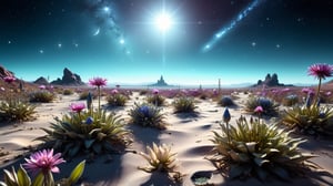 desolate flowers, surreal, ("The science fiction scene of Thoughts":1.2) , gorgeous and pleasant, Very wide view, Starlight, three colors, unreal engine, deep depth of field, ultra high detail, ultra HD, true 4K