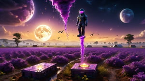 high resolution purple hazard mat suit going up to purple toxic waste all around the fields, the toxic waste is a on top of a glowing purple block, can see purple droplets coming down from the block, in the air are birds flying to sunset with moon in background aswell