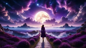 professional photography, abstract purple night sky with clouds background, a path, 1girl