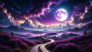 professional photography, abstract purple night sky with clouds background, a path,