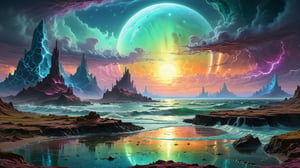 a malevolent plateau of desolate wastes and storm-wracked seas, illuminated by three dark suns. The plateau is the domain of Akshan, a demi-goddess of chaos, and is populated by demons.. highly detailed, high resolution, raytraced reflections, dramatic lighting. 8k vibrant colors, neon ambiance, abstract black oil, detailed acrylic, grunge, intricate complexity, photorealistic, digital painting by Hiroshi Yoshida and Albert Bierstadt,DonMC3l3st14l3xpl0r3rsXL,DonMS4ndW0rldXL