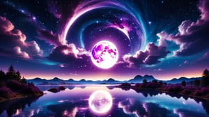 professional photography, abstract purple night sky with clouds background, a small lake,