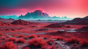 cinematic photo eccentric alien landscape, toxic,ragged,holographic,unholy,minimalist terrain, neon red colored hues, scenic, 35mm photograph, film, bokeh, professional, 4k, highly detailed