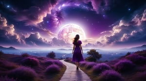 professional photography, abstract purple night sky with clouds background, a path, 1girl