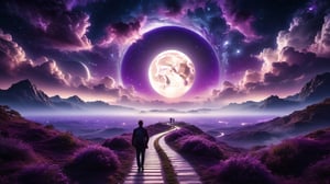 professional photography, abstract purple night sky with clouds background, a path, 1man
