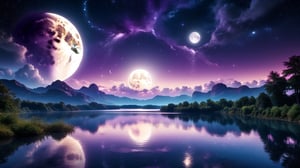 professional photography, abstract purple night sky with clouds background, moon, a lake,