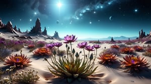 desolate flowers, surreal, ("The science fiction scene of Thoughts":1.2) , gorgeous and pleasant, Very wide view, Starlight, three colors, unreal engine, deep depth of field, ultra high detail, ultra HD, true 4K