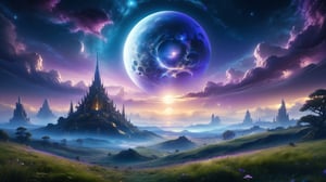 Azure field under a purple-indigo light of a moon partially veiled by drifting clouds, stardust cascading from the cosmos, backlighting blades of grass in ethereal glimmers, digital painting styled like an intricate, matte painting movie poster, golden ratio composition, epic and surreal, trending on CGSociety and ArtStation, in the vein of Artgerm, H.R. Giger, and Beksinski
