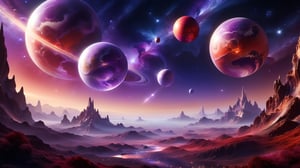 three stars in space in abstract, star image, in the style of exotic fantasy landscapes, light violet and red, marbleized, alien worlds, science academia, large scale murals, soft focus lens