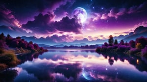 professional photography, abstract purple night sky with clouds background, a lake,