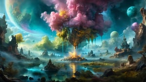 by Kim Keever, painting, Tasteless "The text"bright proton puke"of Thoughts", Visual novel, Suffering 8k, High quality image, trending on artstation, High resolution,Renaissance Sci-Fi Fantasy
