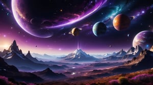 Purple black background, stars in outer space, wide angle, planets of different colors floating in outer space, rich colors, textures and mountains on the planet are clearly visible,
