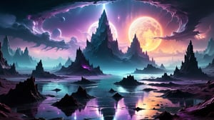 a malevolent plateau of desolate wastes and storm-wracked seas, illuminated by three dark suns. The plateau is the domain of Akshan, a demi-goddess of chaos, and is populated by demons.. highly detailed, high resolution, raytraced reflections, dramatic lighting. 8k vibrant colors, neon ambiance, abstract black oil, detailed acrylic, grunge, intricate complexity, photorealistic, digital painting by Hiroshi Yoshida and Albert Bierstadt,uniformsbodypaint,Sci-fi ,DonMC3l3st14l3xpl0r3rsXL