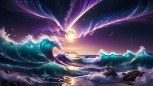Deep ocean waves purple sky stars shooting stars clouds, Miki Asai Macro photography, close-up, hyper detailed, trending on artstation, sharp focus, studio photo, intricate details, highly detailed, by greg rutkowski