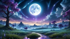 Cosmic stardust rain cascades onto an azure field under a moon bathed in purple-indigo light, partially veiled by drifting clouds, moonlight casts ethereal glimmers on the blades of grass, majestic, surreal nightscape, digital painting, ultra fine, octane rendering.