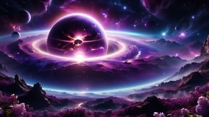 Purple planet illuminated by a magenta sun, ring system composed of various shades of lilacs and violets, space backdrop dotted with distant stars and nebulae, contrasting with the dark emptiness of space, digital painting, ultra clear, cosmic ambiance.