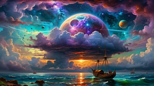 A clever invention for a time machine, with many different colors and shapes to form the universe. ( The sky is very deep and dark and cloudy withcient clouds in background by John William Waterhouse:1.4), (Sattraiser), atmospheric perspective, high detail resolution texture  blue yellow red black brown white gold neon purple green blue color scheme  ,(style of Ivan Aivazovsky:0.4)