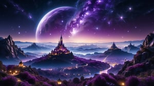 Purple hues dominate the night sky captured by FranckyXVWolff's lens, stars scattered like diamonds on a velvet cloth, city lights twinkling below as if nestled in the embrace of midnight, 6k resolution, ultra clear, breathtaking surreal masterpiece.
