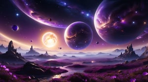 Observing from the amethyst-hued turf of a purple planet, a cosmos teeming with hues of violet envelops you. Purple bubbles scattered across the expanse, resplendent purple planets aglow under distant, alien suns, stars twinkle in the abyss, and delicate cosmic trinkets adorn the swirling nebulas that swirl in the distant quadrant. Vibrant, gradient blend, astron