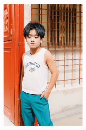 1 boy aged 12 years, Korean style hair, flat face, singlet t-shirt, trousers, portrait,