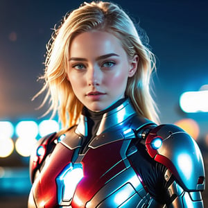 RAW photo, Best picture quality, high resolution, 8k, HDR, highres, (absurdres:1.2), realistic, sharp focus, realistic image of a girl age 20, Nordic beauty, supermodel, pure blonde hair, blue eyes, wearing Ironman suit, 1 girl, looking at viewer, lens flare directly behind her head, (vibrant color:1.2), Ironman suit,cyborg style, full body shot, post apocaliptic desolate background, overcast,
