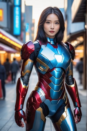 RAW photo, Best picture quality, high resolution, 8k, HDR, highres, (absurdres:1.2), realistic, sharp focus, realistic image of a girl age 20, japan beauty, supermodel, pure black hair, blue eyes, wearing Ironman suit, 1 girl, looking at viewer, lens flare, (vibrant color:1.2), Ironman suit,cyborg style, full body shot,