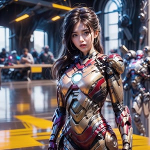 In a modern technology laboratory, a young girl wears Iron Man's armor, but she doesn't wear a helmet. Her armor exudes a metallic sheen, displaying the power and advanced design of futuristic technology.

The girl's figure is slender, she has long black hair in a pony tail with bangs, but after wearing armor, she looks more determined and powerful. Her eyes are full of confidence and determination, as if declaring her brave pursuit and challenge for the future.

The chest and shoulders of the armor are decorated with blue lights, showing that the energy source inside the armor is running, providing her with great strength and protection. Equipped with armored controllers on her arms, she's ready to take on any challenge.

Around her, various equipment and screens in the technology laboratory emit a blue light, creating a sense of modernity and technology. Wearing Iron Man's armor, this girl seemed to show her future potential and power, attracting everyone's attention and becoming a new star in the world of technology.background blur

This scene shows a strong and confident girl wearing Iron Man's armor, showing her confidence and courage for the future. Her dress not only demonstrates her love and pursuit of technology, but also expresses her confidence and expectations for the infinite possibilities of her future.,mecha,crouching on the ground,xuer pistol,Mecha body, full body shot