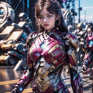 In a modern technology laboratory, a young girl wears Iron Man's armor, but she doesn't wear a helmet. Her armor exudes a metallic sheen, displaying the power and advanced design of futuristic technology.

The girl's figure is slender, she has long black hair in a pony tail with bangs, but after wearing armor, she looks more determined and powerful. Her eyes are full of confidence and determination, as if declaring her brave pursuit and challenge for the future.

The chest and shoulders of the armor are decorated with blue lights, showing that the energy source inside the armor is running, providing her with great strength and protection. Equipped with armored controllers on her arms, she's ready to take on any challenge.

Around her, various equipment and screens in the technology laboratory emit a blue light, creating a sense of modernity and technology. Wearing Iron Man's armor, this girl seemed to show her future potential and power, attracting everyone's attention and becoming a new star in the world of technology.background blur

This scene shows a strong and confident girl wearing Iron Man's armor, showing her confidence and courage for the future. Her dress not only demonstrates her love and pursuit of technology, but also expresses her confidence and expectations for the infinite possibilities of her future.,mecha,crouching on the ground,xuer pistol,Mecha body