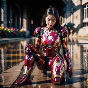 analog photo, a girl, 28 years old, black hair, pale skin,Wearing ironman's  armour,((using flowers cover left eyes)), vintage, faded film, film grain,  dark background,Illustration,beautiful deatailed shadow,dust,tyndall effect,lots of detail,hyperdetalization, full body