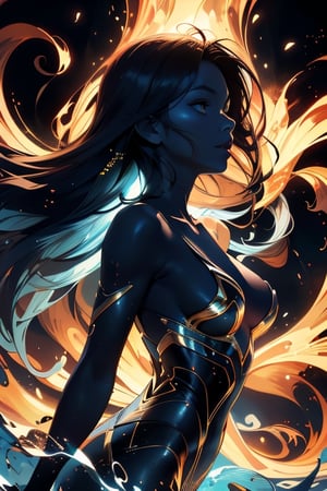 A black silhouette of an unclothed woman. Blue and Gold mists swirling around.,glowwave