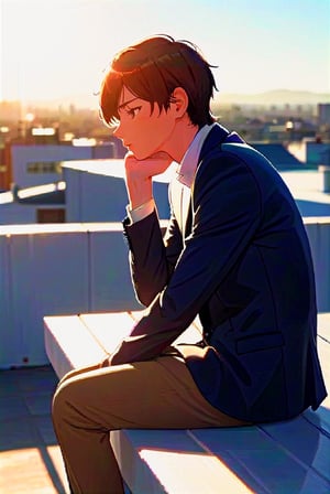a young man sits outdoors, possibly on a rooftop, leaning forward with his arms resting on his knees. He wears a dark blazer over a white ribbed sweater, exuding a thoughtful or introspective mood. The photograph captures a soft, natural light and displays a subtle lens flare, adding an artistic touch to the serene moment.