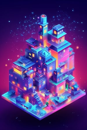 Produce a landscape in the form of a mystery Hometown, no human, with a background filled house, with a body composed of polished twinkle and circuits, decorated with a maze of graffiti creativity. Bright background, plain design, pro vector,3D,glass shiny style,3l3ctronics,cyber
