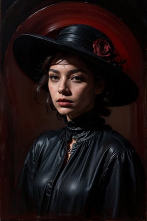 A striking oil painting by Paola Salomé, featuring a captivating portrait of a woman. The subject has an all-black attire, with a wide-brimmed hat that casts a shadow over her face. Her eyes are hidden, as she gazes intently out of the canvas. The background is a swirling, almost abstract blend of dark blues and blacks, with a hint of deep red. The painting exudes a mysterious and enigmatic atmosphere, drawing the viewer into its depths., portrait photography, illustration
