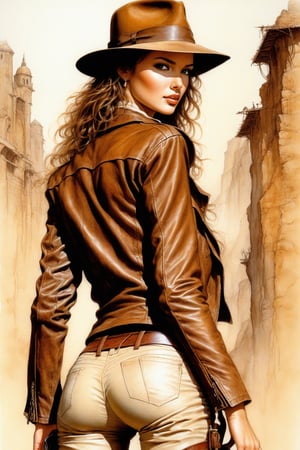 Illustration by Luis Royo. A female Indiana Jones wearing a brown fedora, brown leather jacket and a pair of beige pressed pants. Her backside is towards the camera.