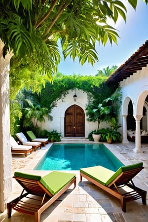 A luxurious and serene outdoor oasis, where the focal point is a pristine turquoise swimming pool. The surrounding rustic yet elegant building with whitewashed walls and arched doorways is adorned with lush green vines and potted plants, creating a harmonious blend with the natural landscape. Inviting wooden sun loungers are strategically placed under a large, colorful umbrella, offering shade and relaxation. The space is beautifully adorned with vibrant floral plants, creating an atmosphere of tranquility and opulence on the stone-tiled ground.