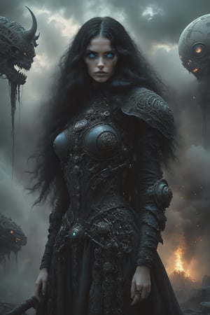 full body fantasy image medieval viking goddess controlling a complicated extraterrestrial alien machine long black hair blue eyes white skin tall graceful long legs pipes gears smoke steam 3d elaborate apro details twilight foreboding gloomy futuristic