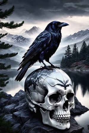 A stunning pencil sketch masterpiece capturing the essence of a majestic raven, perched gracefully on a human skull. The raven's glistening black eyes pierce through the serene landscape of mountains and trees, while its perfectly formed claws grip the skull. The skyline is filled with delicate shades of gray, creating a sense of depth and tranquility. This captivating illustration, reminiscent of ukiyo-e art, evokes a dark fantasy atmosphere that is breathtaking to say the least., illustration, portrait photography, ukiyo-e, dark fantasy, photo, 3d render, cinematic, poster, painting, anime, vibrant, graffiti, wildlife photography, conceptual art