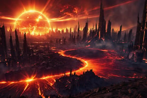 A stunning depiction of a planet engulfed in flames, as a massive solar flare illuminates the fiery landscape. The flare's intense light casts dramatic shadows and highlights molten lava flows. In the distance, a city with futuristic architecture stands amidst the destruction, its inhabitants fighting for survival. The overall ambiance of the image is intense, apocalyptic, and awe-inspiring.