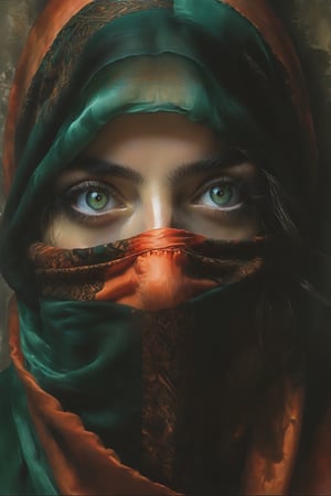 A stunning and awe-inspiring watercolor painting that captures the essence of a mysterious woman. Her captivating green eyes stare out from beneath a striking coral scarf, drawing the viewer into the depths of the portrait. The artist's exceptional attention to detail is evident in the shimmering reflections within her eyes and the intricate patterns within the iris. The intense gaze of the subject creates a hyperrealistic and immersive experience, as if the eyes are alive and breathing. The artist's masterful technique in rendering this portrait transforms the subject's eyes into a living, breathing work of art.