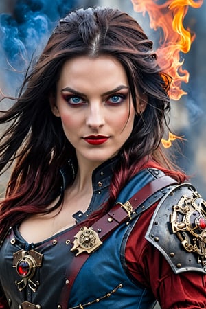 A woman, young and bealtiful looks a bit like Spencer Bradley, has black straight long hair tossed to the side, offensive look red eyes, soft skin, red lips with a sadistic smile, using medieval dark red and black cloth with plate armor, she is holding steampunk pistol, there is blue flames everywhere in the background