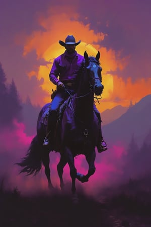 A striking 3D rendering of a silhouetted cowboy galloping majestically into an orange sunset. The scene is bathed in warm, vibrant colors, with a dreamy and optimistic atmosphere. The cowboy's horse is strong and powerful, its muscular form accentuated by the fading light. The sky is ablaze with hues of pink, purple, and orange, creating a breathtaking backdrop for this iconic image of adventure and freedom.