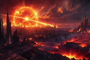 A stunning depiction of a planet engulfed in flames, as a massive solar flare illuminates the fiery landscape. The flare's intense light casts dramatic shadows and highlights molten lava flows. In the distance, a city with futuristic architecture stands amidst the destruction, its inhabitants fighting for survival. The overall ambiance of the image is intense, apocalyptic, and awe-inspiring.