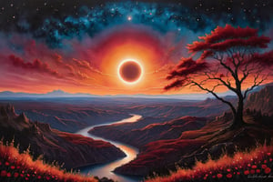 An exquisite painting capturing the essence of a cosmic solar eclipse, where the sky is ablaze with mesmerizing shades of crimson and tangerine. The world below is depicted in deep onyx and burnished bronze, with luxurious brushwork and intricate details adding to the scene's refinement and grandeur. Delicate accents of rose gold leaf catch the viewer's eye, while celestial beings wander through the surreal landscape, beckoning onlookers to be captivated by its enchanting charm. This masterpiece of illustrative artistry transports the viewer to a world of cosmic wonder and ethereal beauty., painting, illustration